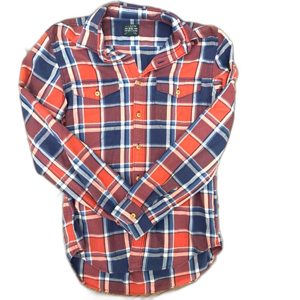 J. Crew Long Sleeve Flannel Plaid Orange & Blue Button Down, Sz. S - Auburn, UF